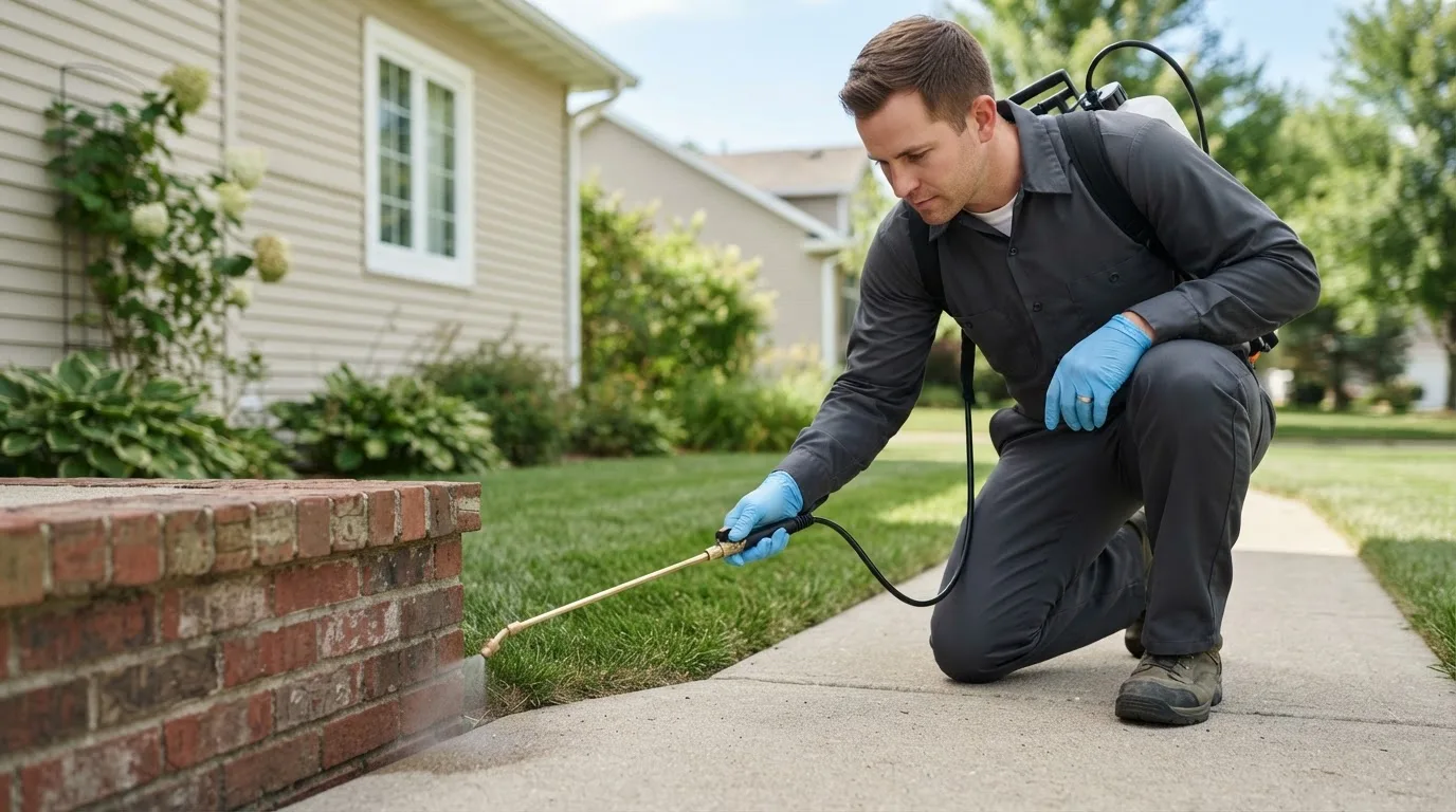 Pest control technician treating a home near Bowman, GA